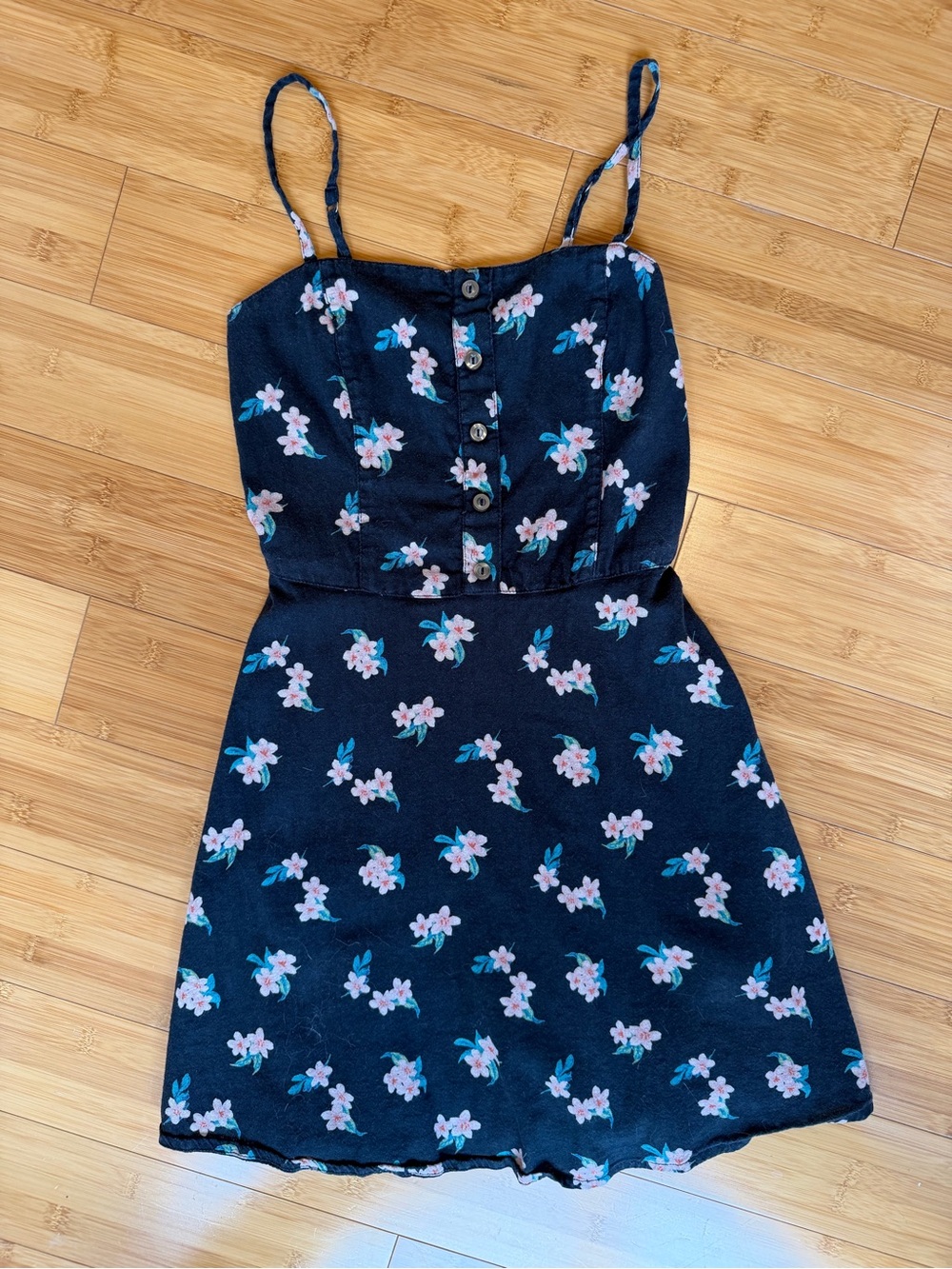 Vintage Hollister Black Mini Dress with Pink Floral Print XS Cottagecore Y2K
